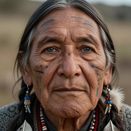 Photograph of an elderly Native American woman with long gray hair, tribal face paint, intricate bead earrings, and serious expression. Blurred natural background.