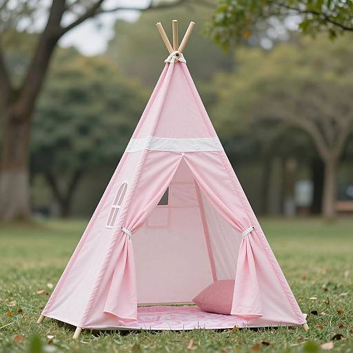 Photograph of a pink triangular tent with wooden poles, open flap, white stripe, and pink pillow, set on a grassy park. Background features