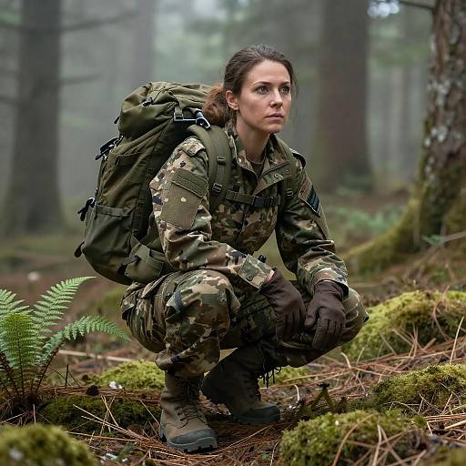 Photograph of a focused woman in camouflage military gear, crouching in a misty forest with a large backpack, brown gloves, and hiking boots