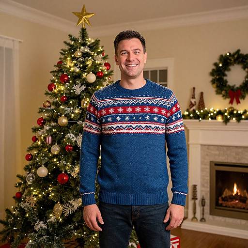 Friendly Man by Festive Christmas Tree