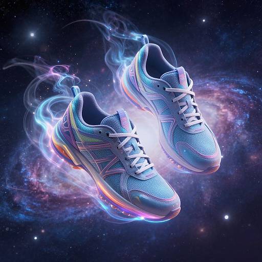 Digital illustration of glowing, blue and purple sneakers with neon accents floating in a cosmic background of stars and galaxies.