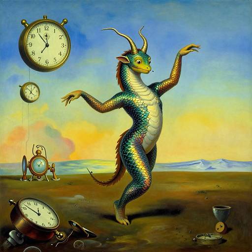 Digital illustration of a colorful, anthropomorphic dragon with green, blue, and yellow scales, dancing amidst floating clocks and scattered clock parts in a surreal,