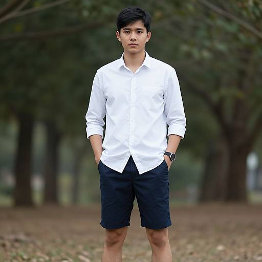 Photograph of an Asian teenage boy with short black hair, wearing a white button-up shirt, black shorts, and a watch, standing confidently in a