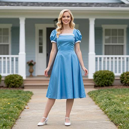 Photograph of a smiling blonde woman in a blue, puffed-sleeve, knee-length dress, standing on a concrete path in front of a