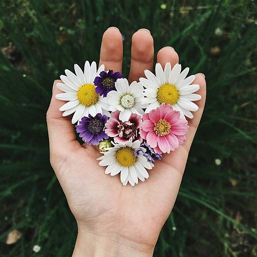 Photograph of a hand holding a heart-shaped arrangement of colorful daisies, including white, purple, pink, and yellow, against a dark green