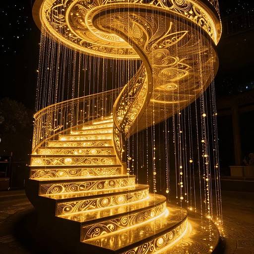 Glowing, ornate spiral staircase illuminated with intricate golden lights and suspended strings of tiny, sparkling lights at night.