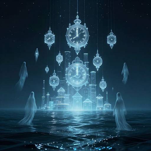 Digital artwork: Ghostly figures surround glowing, floating clocks and cityscape against a dark, starry night sky over rippling water.