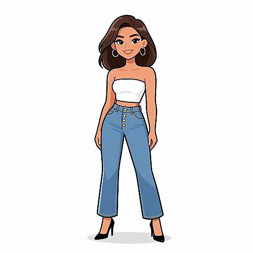 Cartoon-style illustration of a smiling woman with medium brown skin, black shoulder-length hair, wearing a white strapless top, blue high-waisted