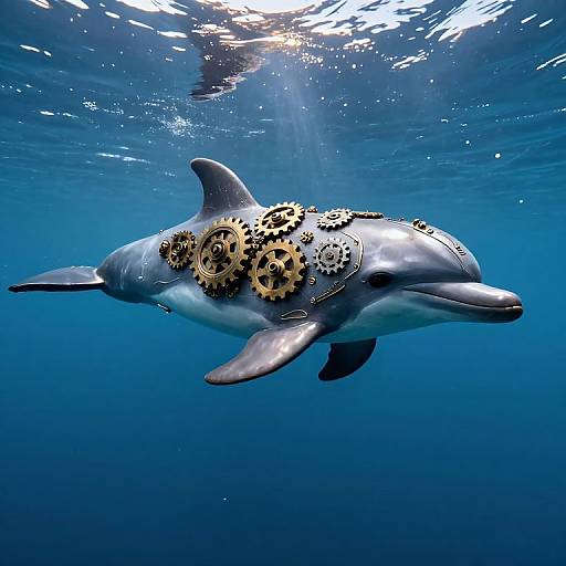 Photograph of a dolphin underwater, adorned with interlocking copper gears on its side, swimming in a deep blue ocean with sunlight filtering from above.