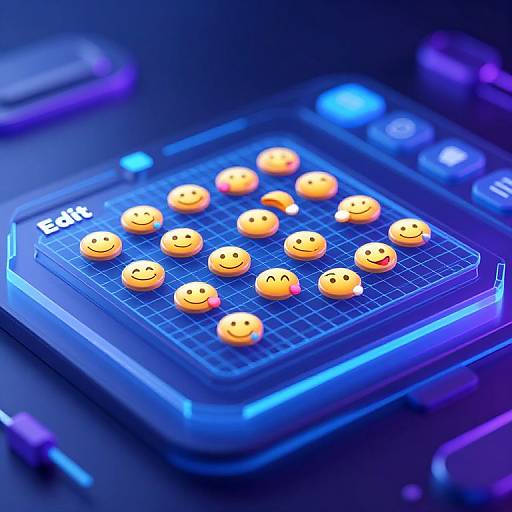 Photograph of a glowing blue grid game console with 15 smiley face emoji buttons, labeled 