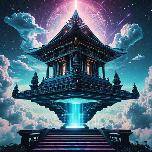 Floating Holographic Temple in Sci-Fi Sky