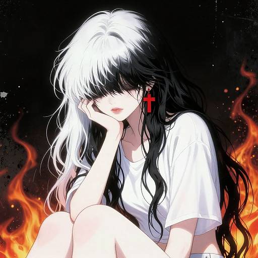 Anime-style digital artwork: Long black and white hair girl with red cross earring, white shirt, head resting on hand, surrounded by fiery flames against
