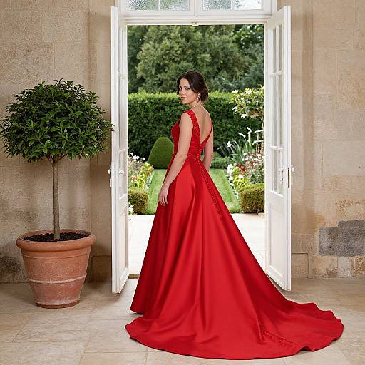 Photograph of a dark-haired woman in a backless, vibrant red ball gown, standing in an open doorway, garden visible outside. Potted plant