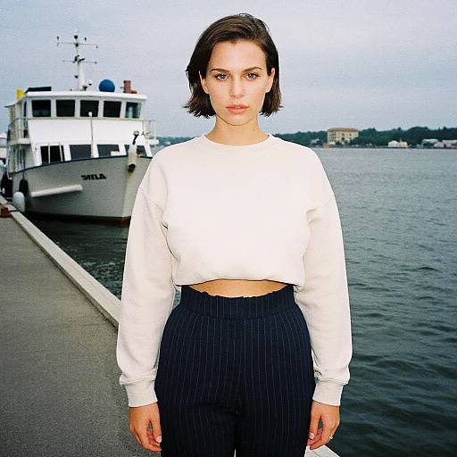 Photograph of a young woman with short brown hair, wearing a white cropped sweater and high-waisted black pinstripe pants, standing on a