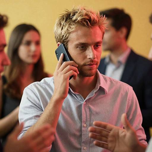 Focused Blonde Man in Striped Shirt