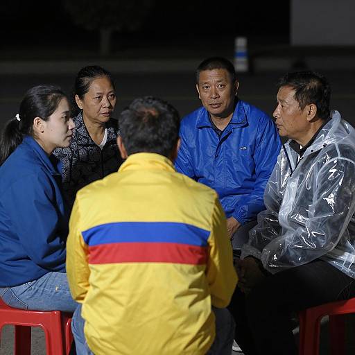 Evening Conversation in Colorful Jackets
