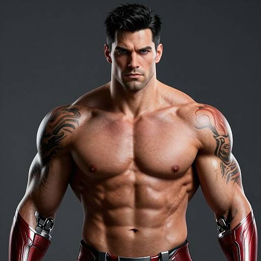 CGI image of a muscular, tattooed, shirtless man with short black hair, intense gaze, red gloves, and dark background.