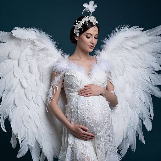 Photograph of a pregnant woman with white lace dress and large, feathered angel wings, wearing a white floral headpiece, against a dark blue background