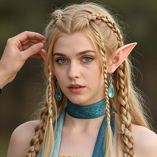 Photograph of a pale-skinned, blonde elf woman with braided hair, pointed ears, blue eyes, teal choker, earrings, and hal