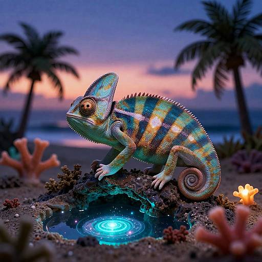 Luminous Alien Chameleon Tidepool at Dusk