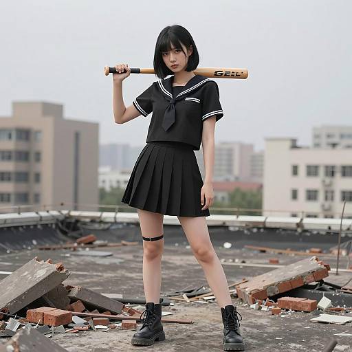 Asian Woman in Black School Uniform Holding Baseball Bat on Ruined Rooftop
