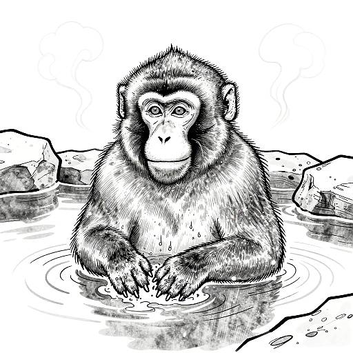 Japanese Macaque Hot Spring Line Art