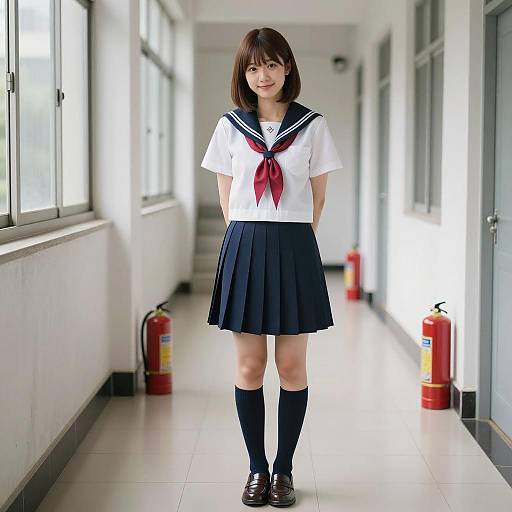 Bright Hallway Portrait of Asian Schoolgirl