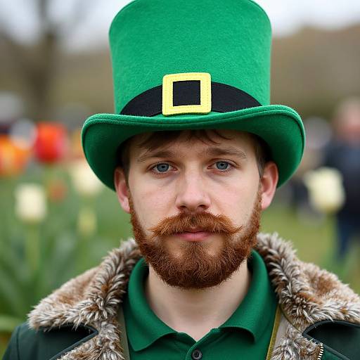 Photograph of a young man with a green top hat, black shirt, fur-trimmed jacket, green eyes, and red beard, standing outdoors