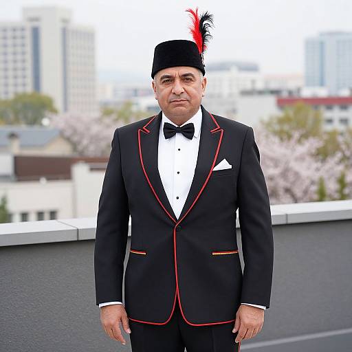 Photograph of a middle-aged man in a black tuxedo with red trim, bow tie, and black top hat with red feather, standing on