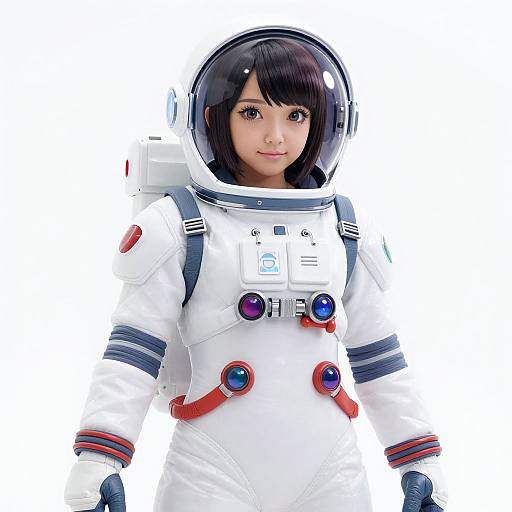 Photograph of an Asian child with short black hair, wearing a white astronaut suit with red and blue accents, standing against a white background.