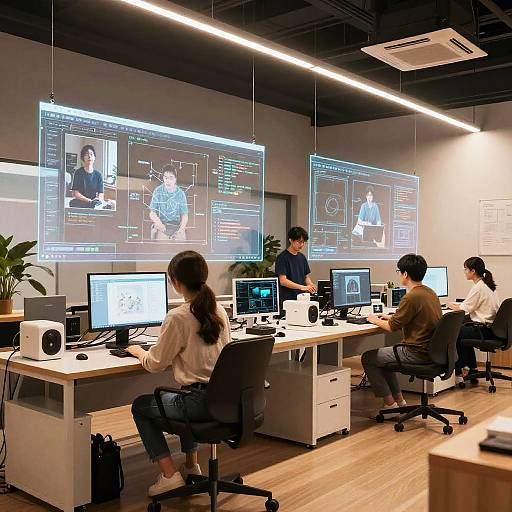 Photograph of four Asian tech workers in a modern, brightly lit office, each focused on multiple computer screens displaying video editing software with live video feeds.