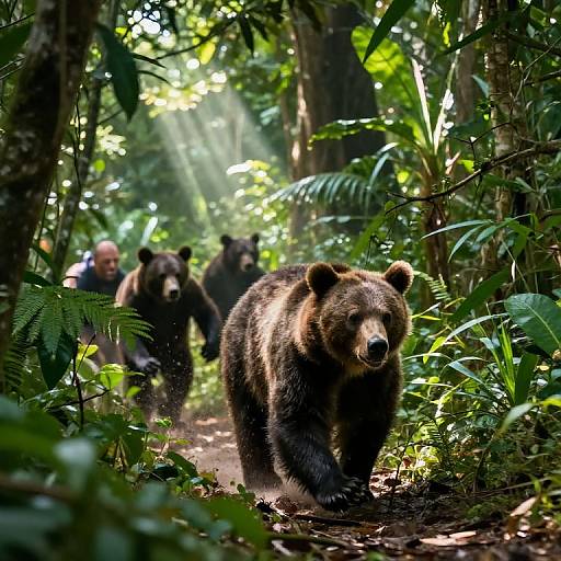 Photograph of a dense forest with three brown bears walking on a dirt path, sunlight filtering through lush green foliage. A bald man in the background follows