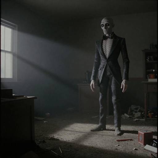 Surreal Skeleton Figure in Dimly Lit Room