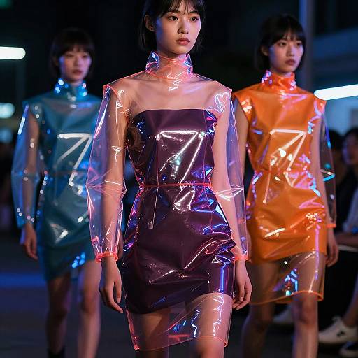 Photograph of three Asian models on a neon-lit runway, wearing shiny, reflective, plastic-encased dresses in blue, purple, and orange