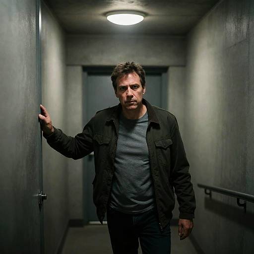 Man Standing in Dimly Lit Stairwell