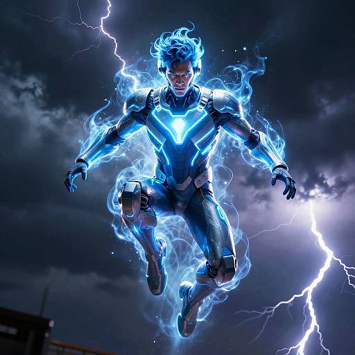 Neon Blue Superhero Mid-Air Pose