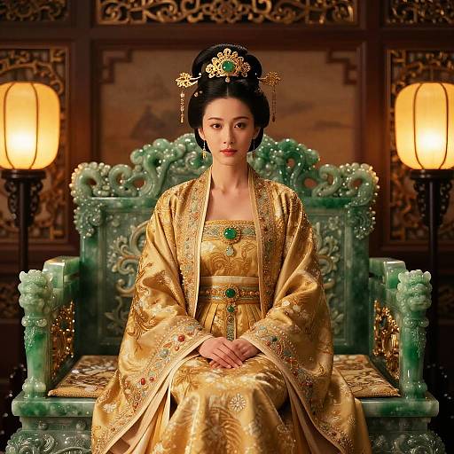 Photograph of an elegant East Asian woman in a gold embroidered kimono with green jewels, sitting on an ornate green throne, illuminated by warm lantern