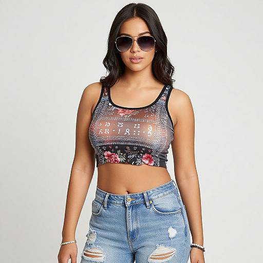 Photograph of a woman with tan skin, black wavy hair, wearing sunglasses, a sheer black crop top with red floral design, and ripped blue