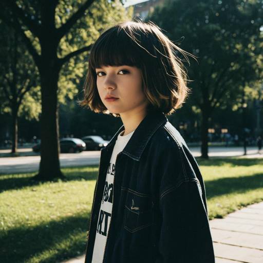 Young boy with long bob hairstyle in urban park