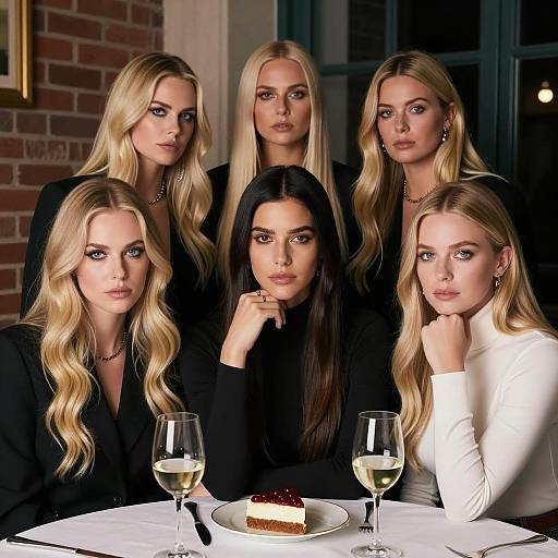 Group of Six Elegant Women at Dinner Table