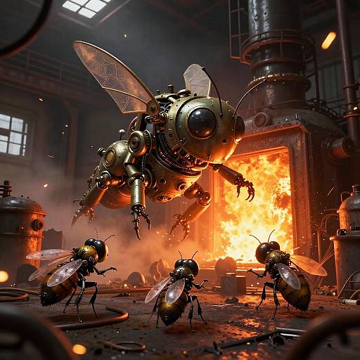 CGI image: Four metallic, insect-like robots with transparent wings hover and scurry around a fiery explosion in a dimly lit, industrial factory.