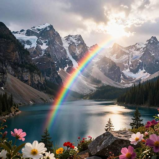 Chromatic Rainbow Over Alpine Mountain Lake