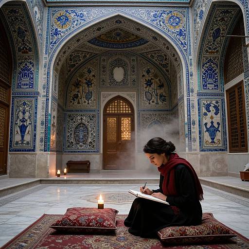 Photograph: Muslim woman in black hijab and maroon scarf, writing on a tablet, sits on ornate red rug in blue-tiled,