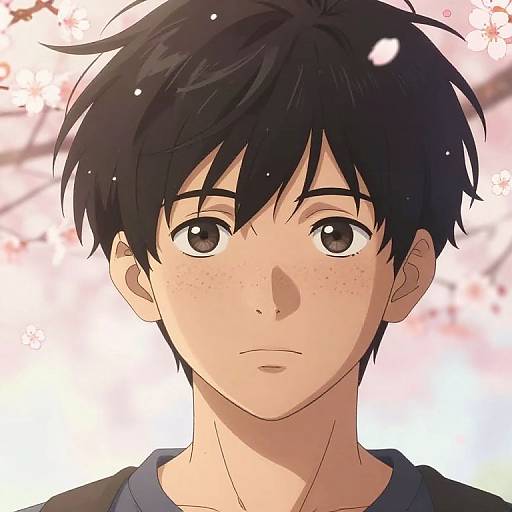 Anime-style digital drawing of a young, fair-skinned boy with black, messy hair, large brown eyes, and freckles, wearing a dark