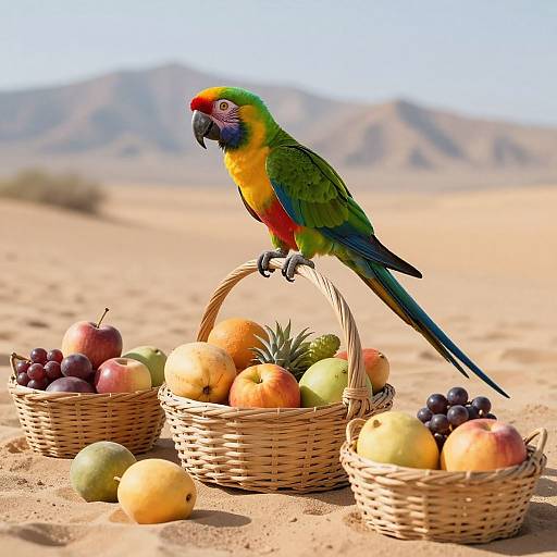 Colorful Parrot Among Fruit Baskets