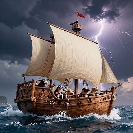 Digital artwork of a wooden ship with white sails, surrounded by stormy sea, lightning illuminating dark clouds, sailors on deck.