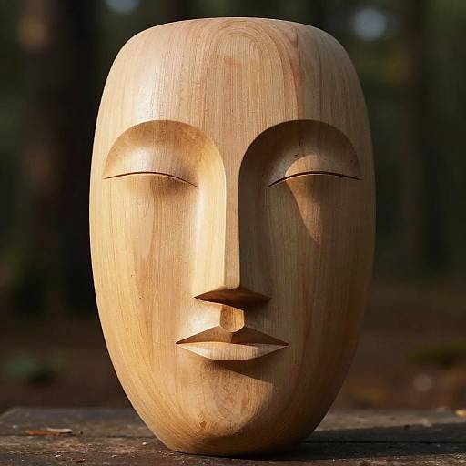 Abstract Wooden Face Sculpture at Golden Hour