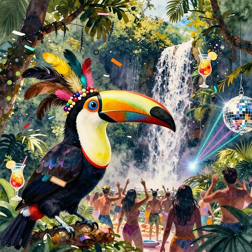 Vibrant digital artwork of a colorful toucan with a feathered headpiece, surrounded by dancing people, a waterfall, and confetti in a