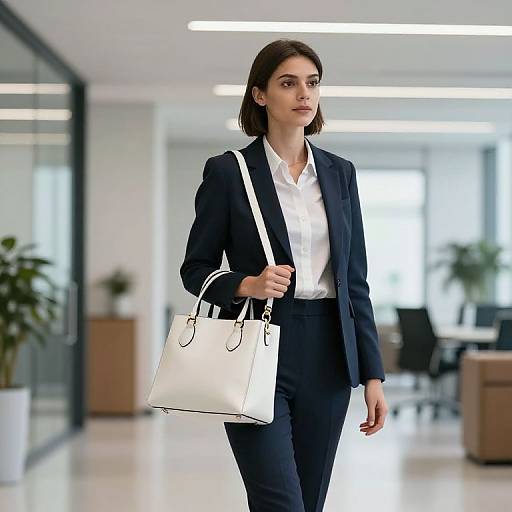 Photograph of a confident woman in a navy suit and white shirt, carrying a white handbag, walking in a modern, brightly lit office with glass