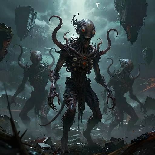 Digital artwork of monstrous, tentacled creatures with glowing eyes and dark, twisted bodies, standing in a foggy, ruined cityscape under a bright